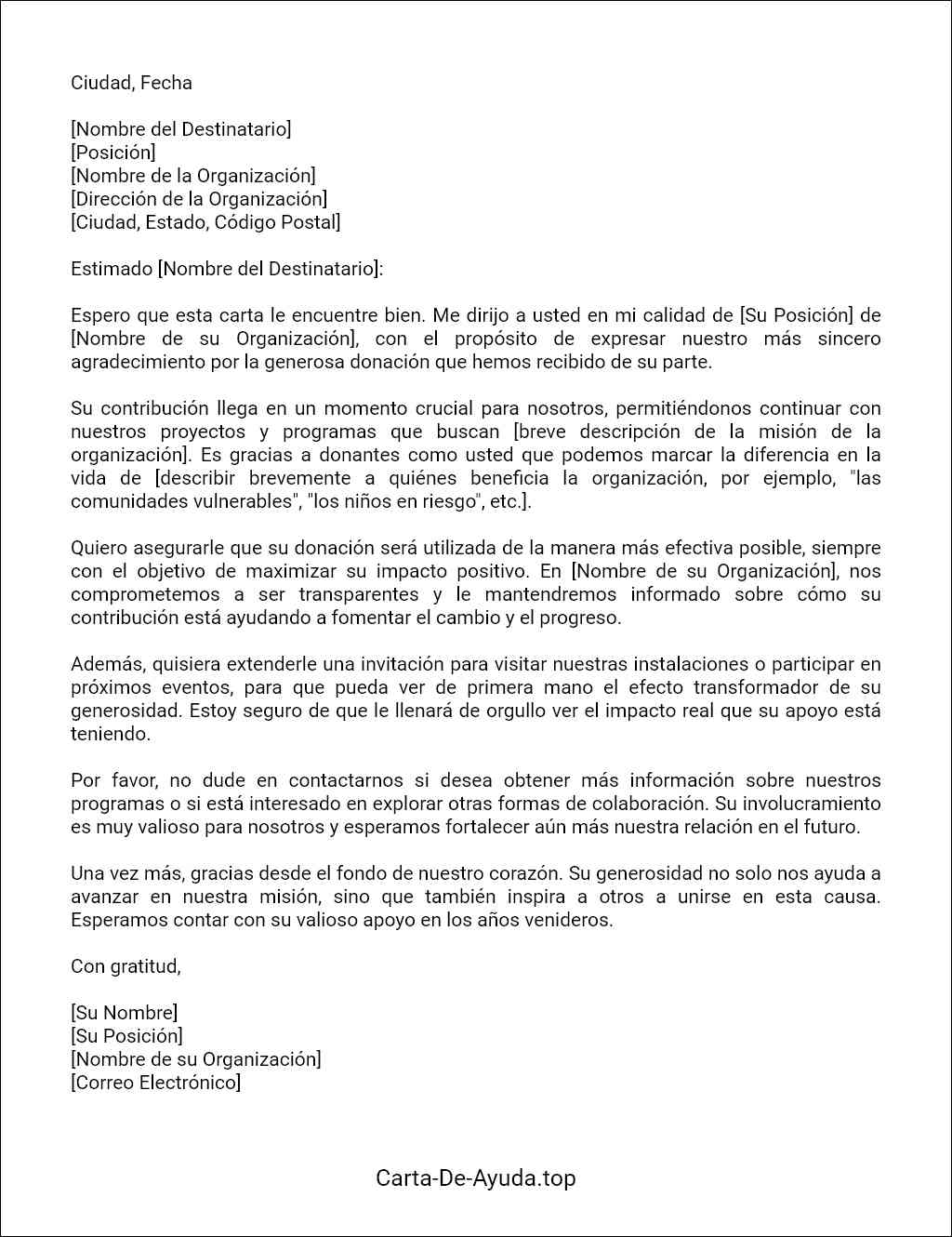 formato recomendado para una carta de agradecimiento por donación