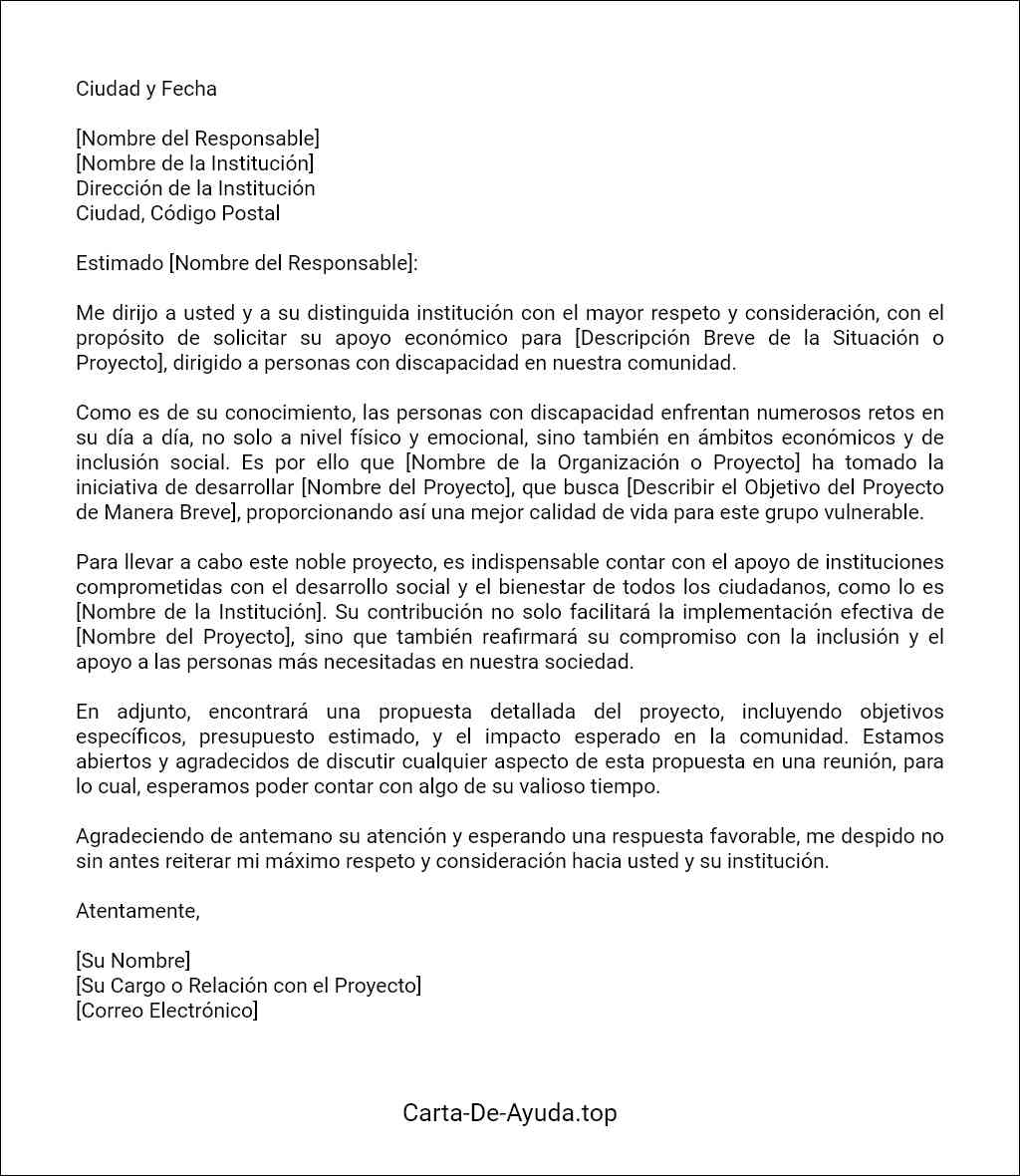 formato recomendado para una carta de ayuda económica para personas con discapacidad