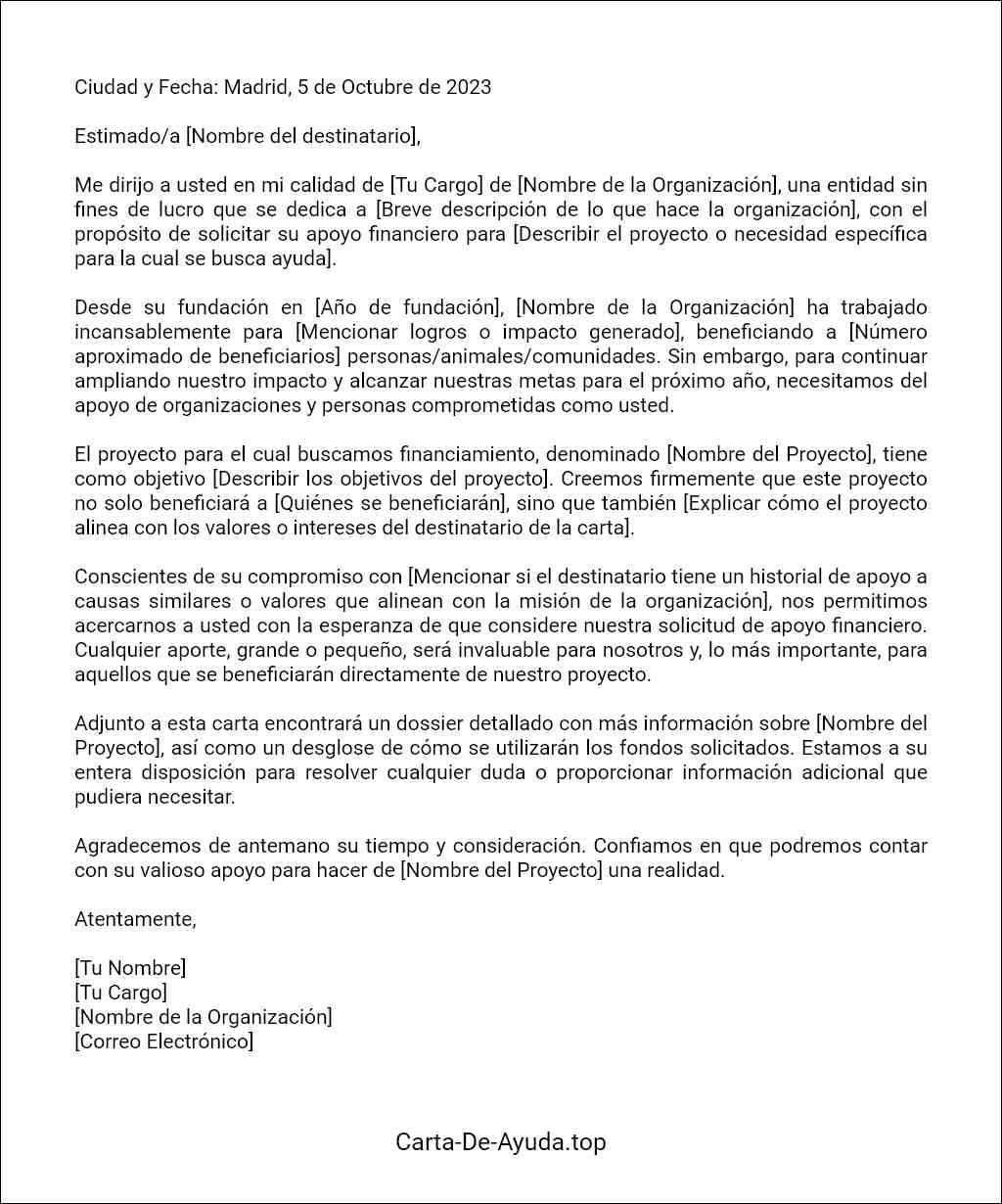 carta de solicitud de ayuda financiera para organizaciones sin fines de lucro ejemplo