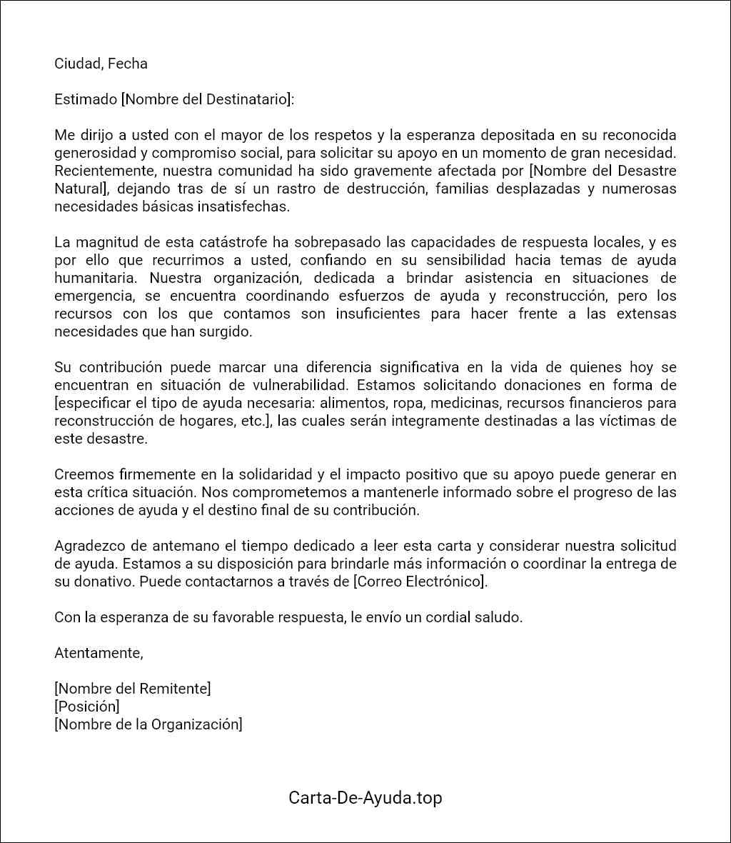 formato recomendado para una carta de solicitud de ayuda para víctimas de desastres naturales