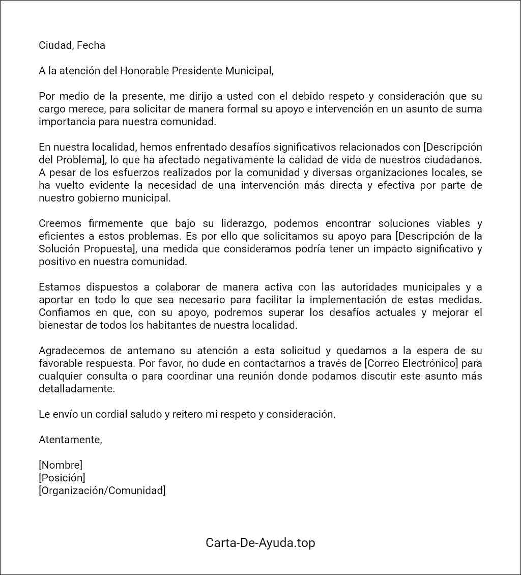 ejemplo de carta para pedir apoyo al presidente municipal