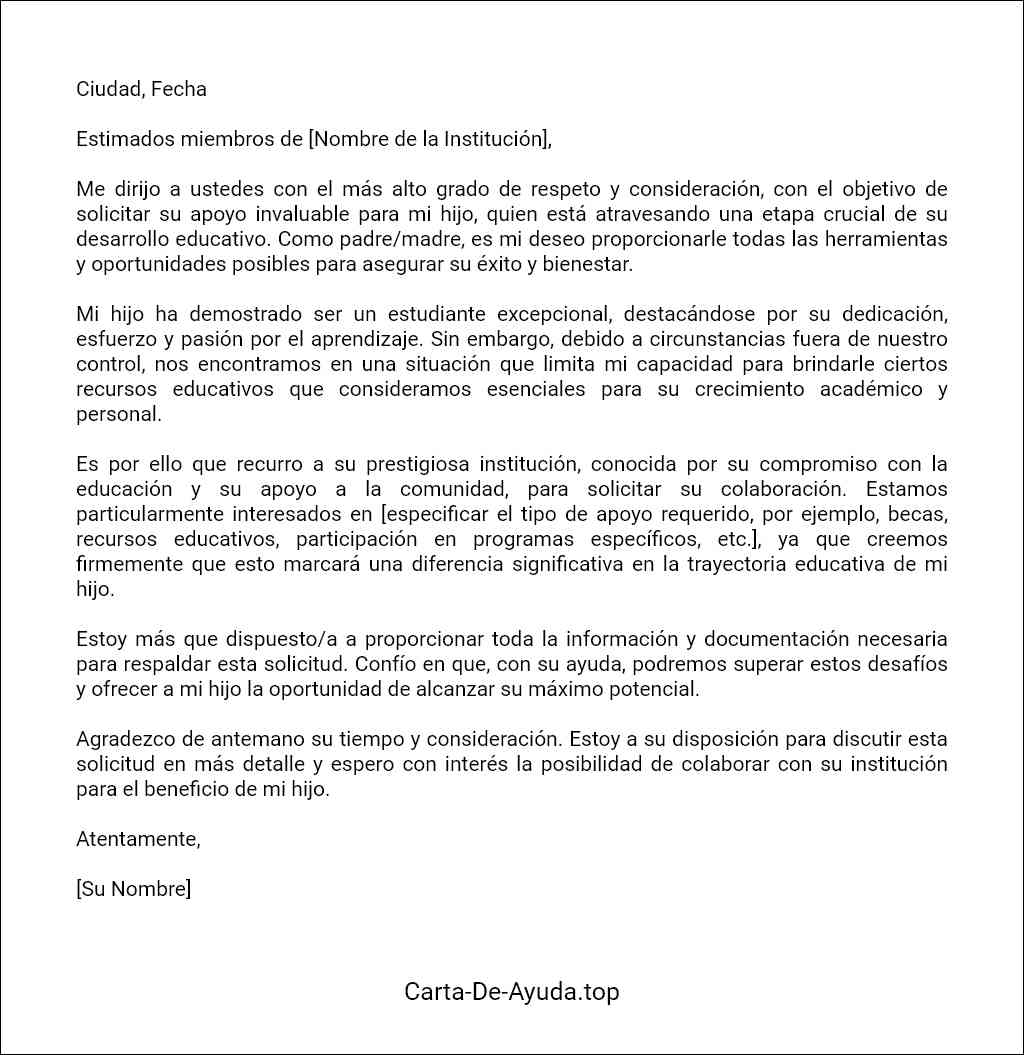 formato recomendado para una carta para pedir apoyo para mi hijo