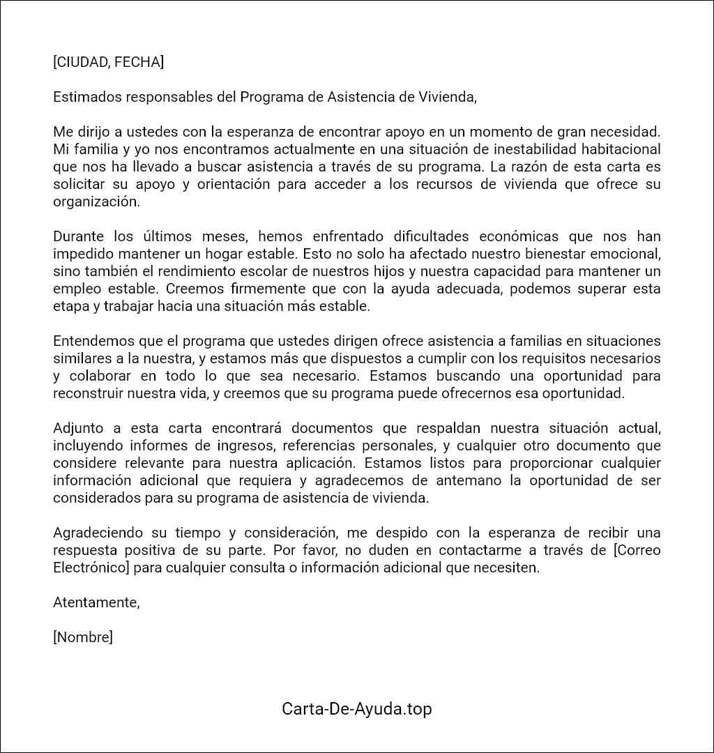 la mejor carta para solicitar ayuda de vivienda