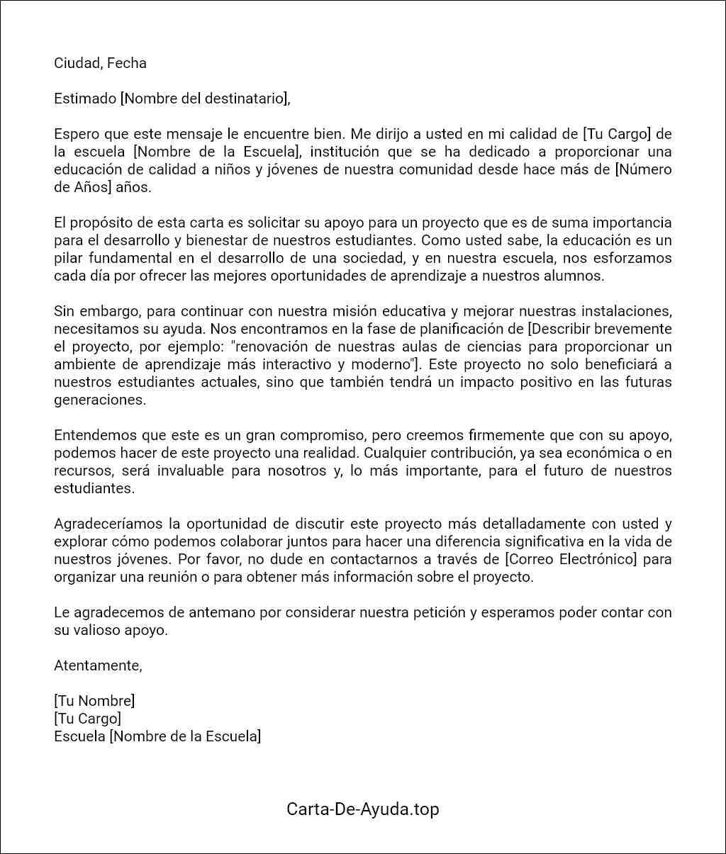 formato de carta para solicitar ayuda para una escuela