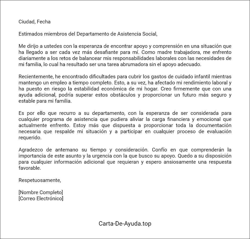 carta para solicitar ayuda para una madre trabajadora formato