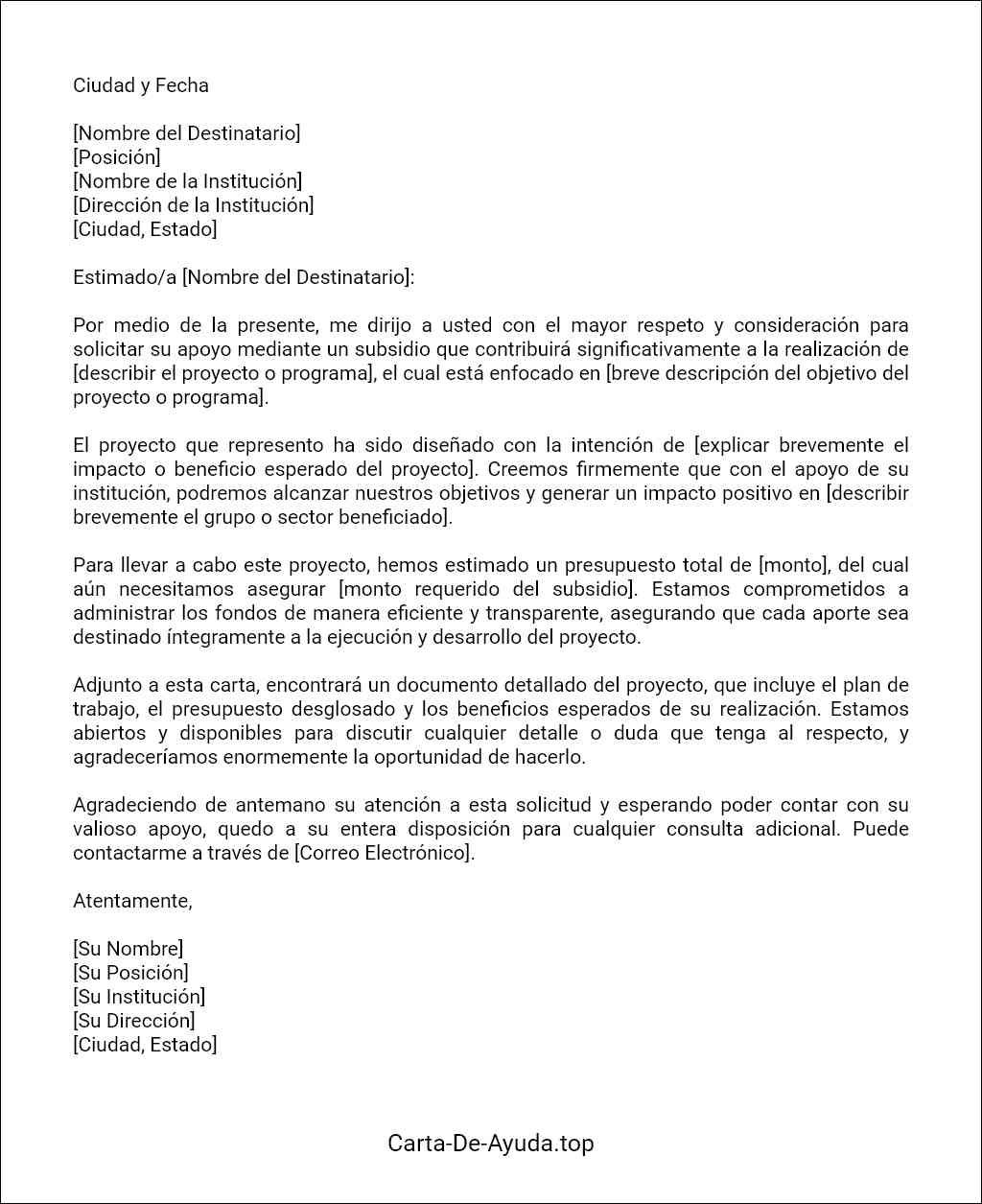 carta para solicitar subsidio ejemplos