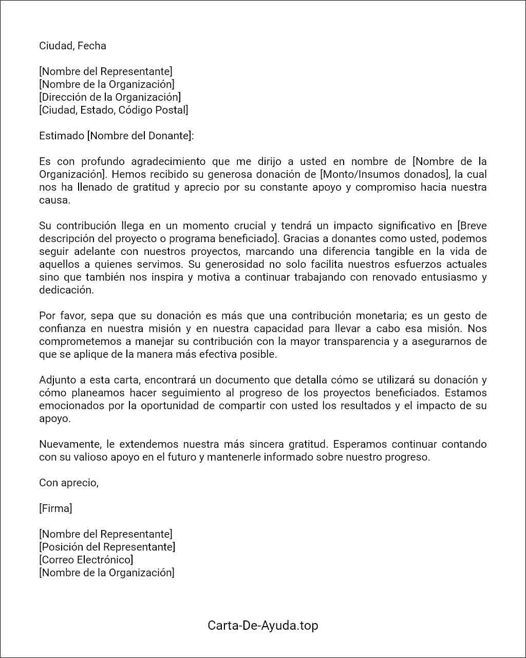 plantilla de carta de agradecimiento por donación