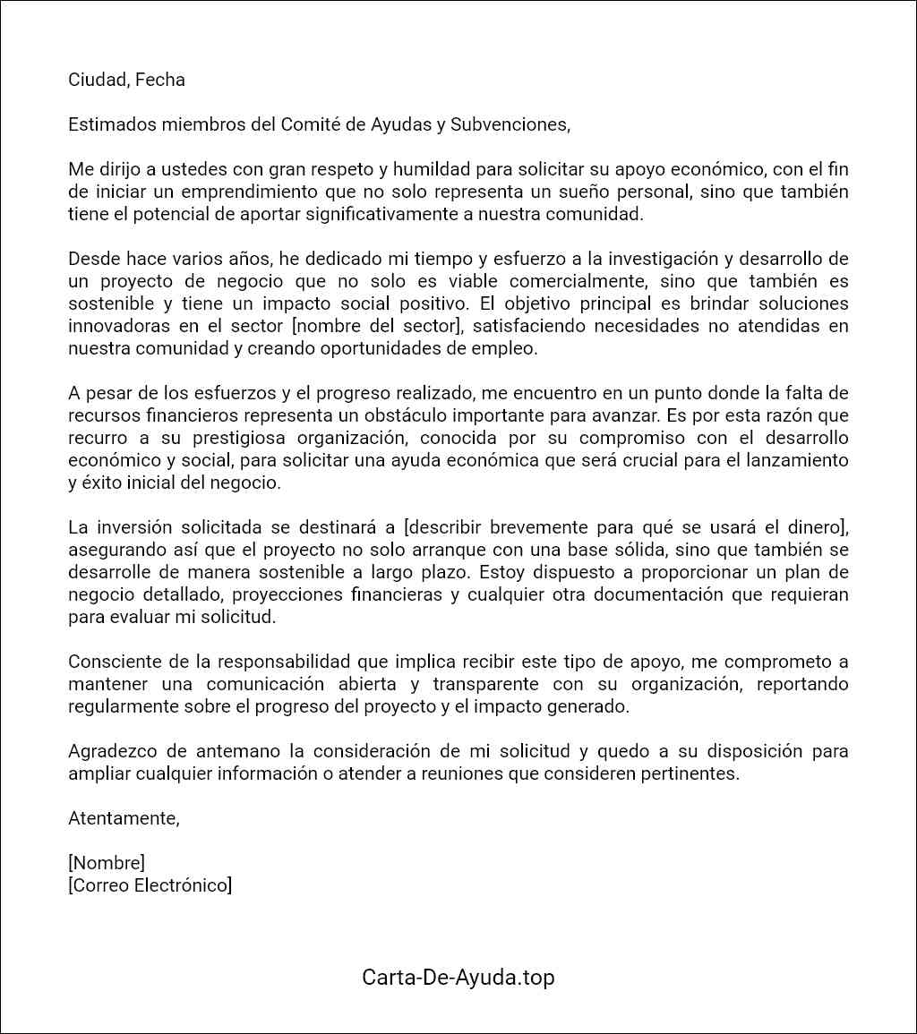 carta de solicitud de ayuda económica para iniciar un negocio plantilla