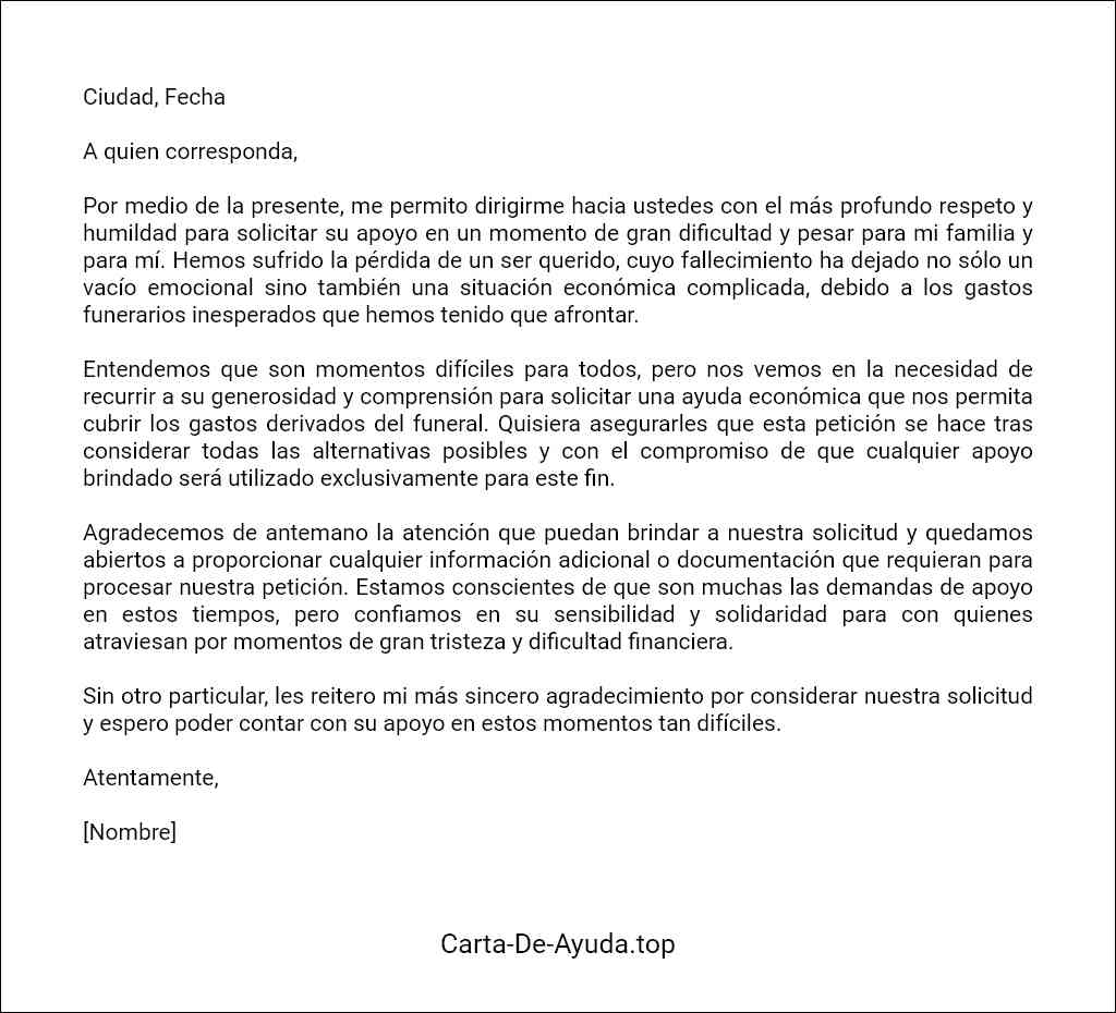 carta para solicitar ayuda para gastos funerarios plantilla