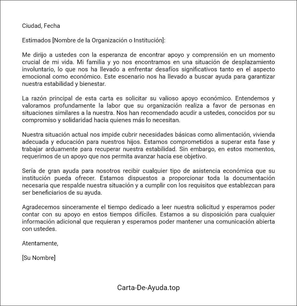 formato recomendado para una carta de solicitud de ayuda económica para personas en situación de desplazamiento