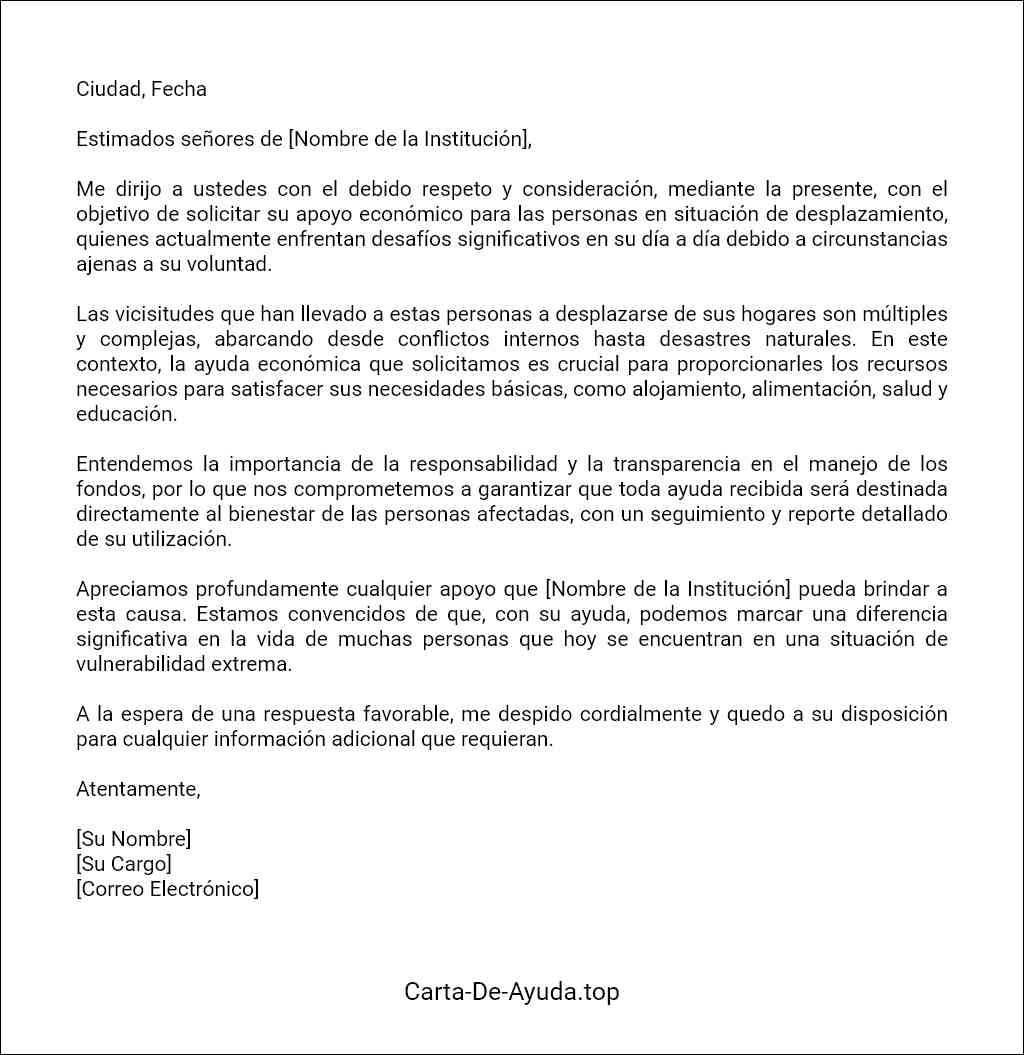 plantilla de carta de solicitud de ayuda económica para personas en situación de desplazamiento
