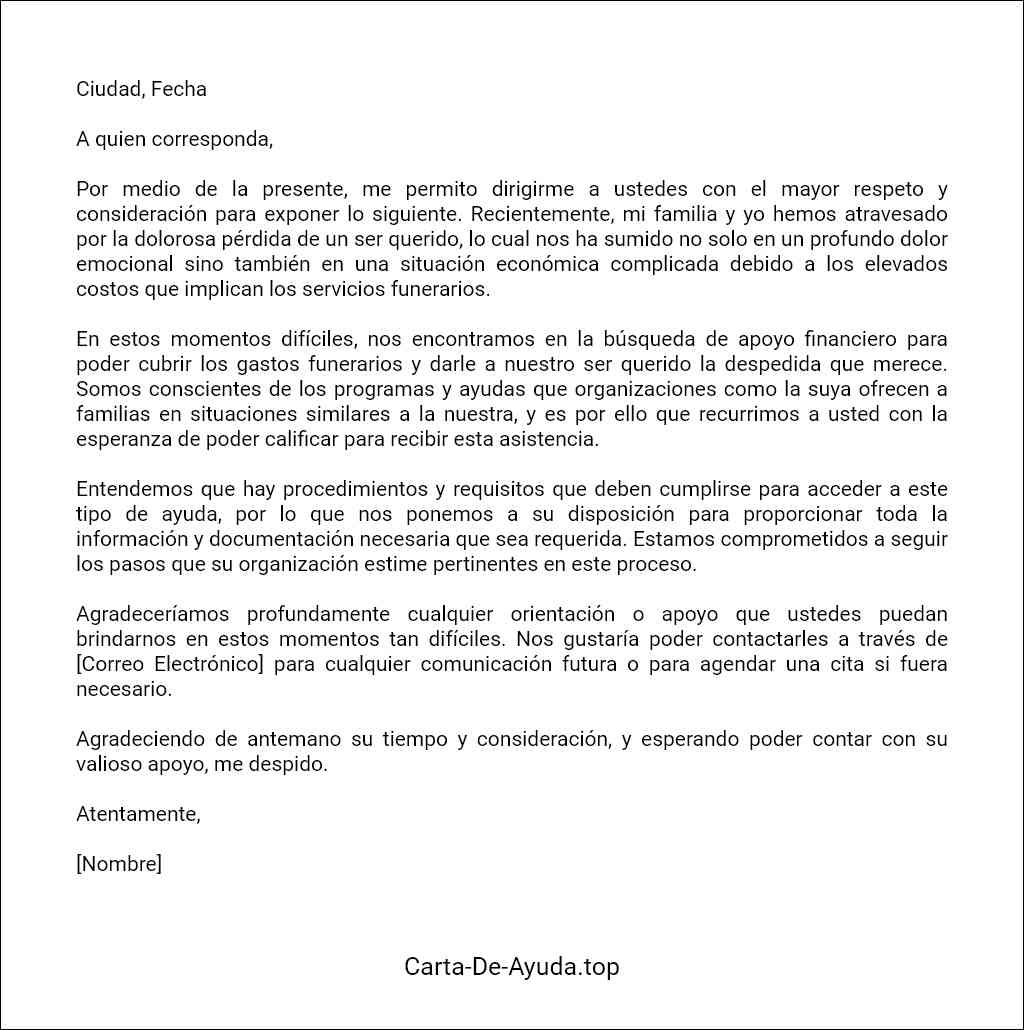 carta para solicitar ayuda para gastos funerarios ejemplo