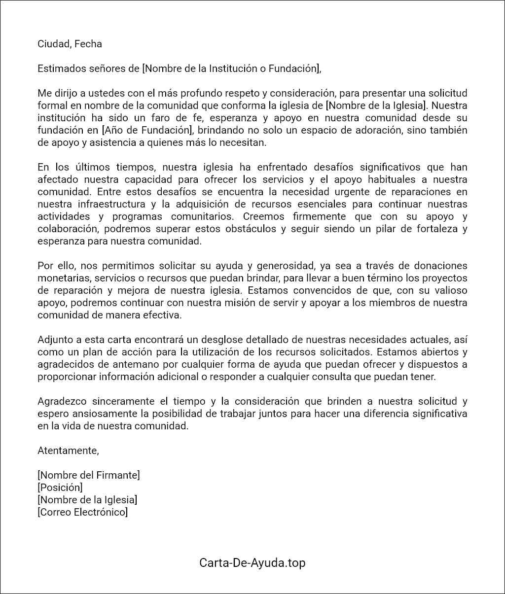 plantilla de carta para solicitar ayuda para una iglesia