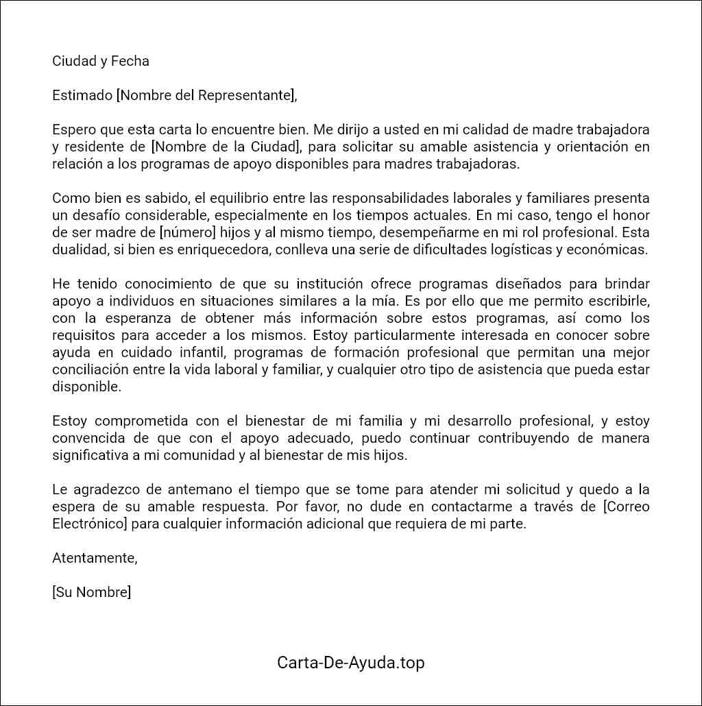 carta para solicitar ayuda para una madre trabajadora ejemplo