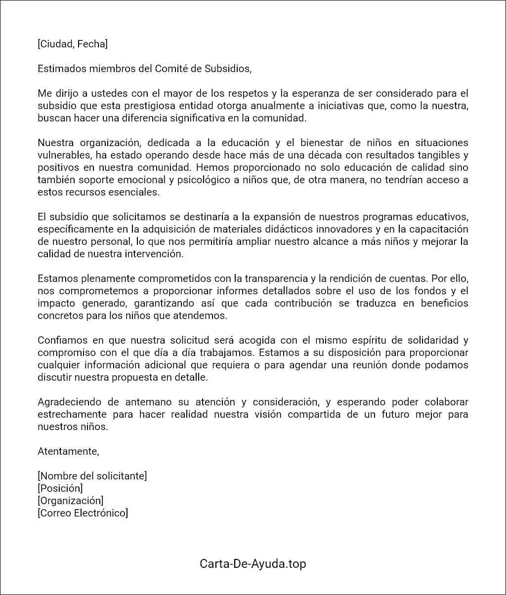 modelo de carta para solicitar subsidio