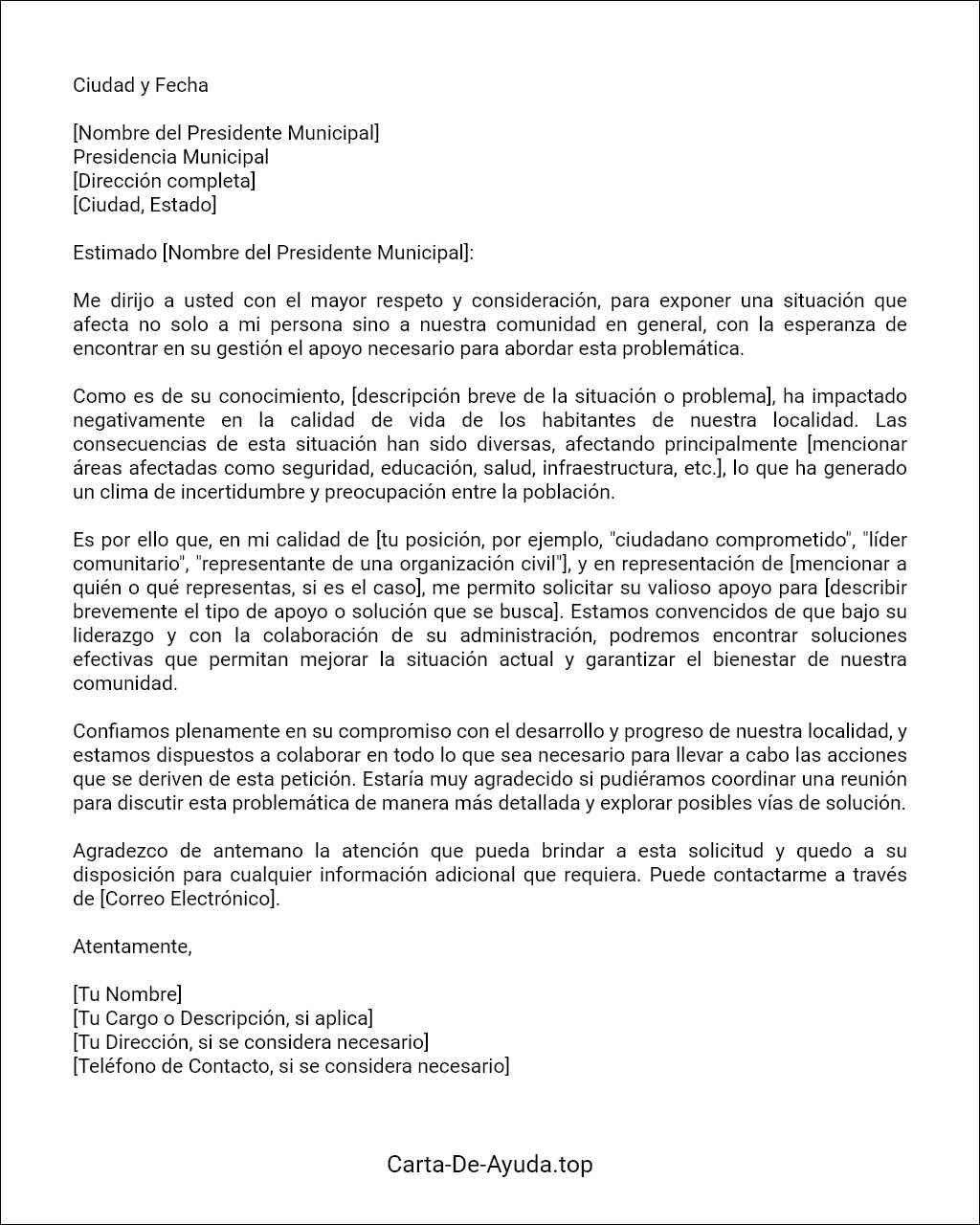 carta para pedir apoyo al presidente municipal ejemplos