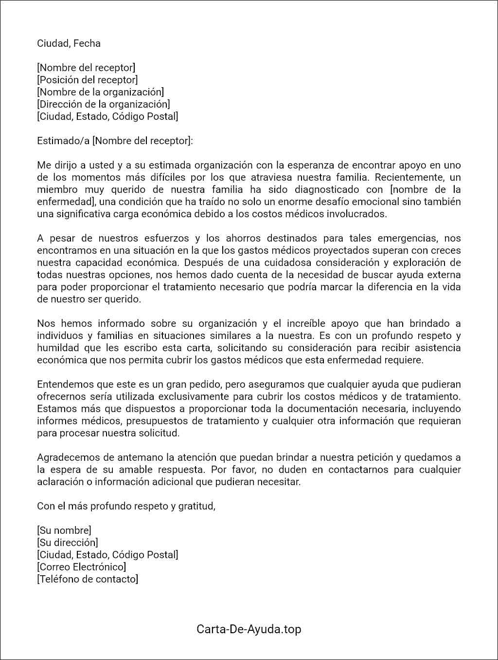 como redactar una carta para pedir ayuda economica para un enfermo