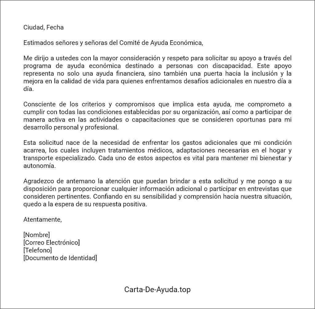 carta de ayuda económica para personas con discapacidad ejemplo