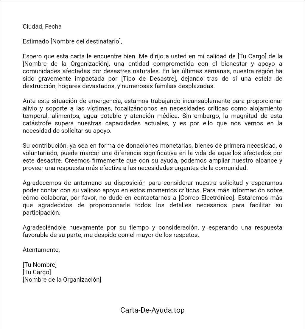 carta de solicitud de ayuda para víctimas de desastres naturales plantilla
