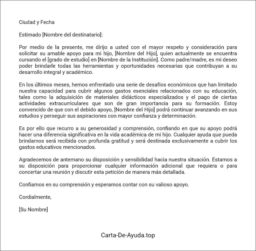carta para pedir apoyo para mi hijo formato