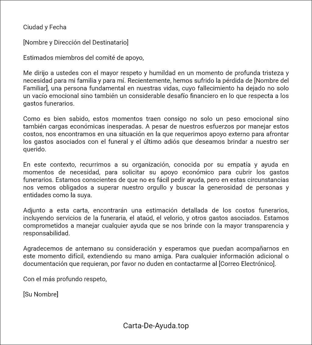 plantilla de carta para solicitar ayuda para gastos funerarios